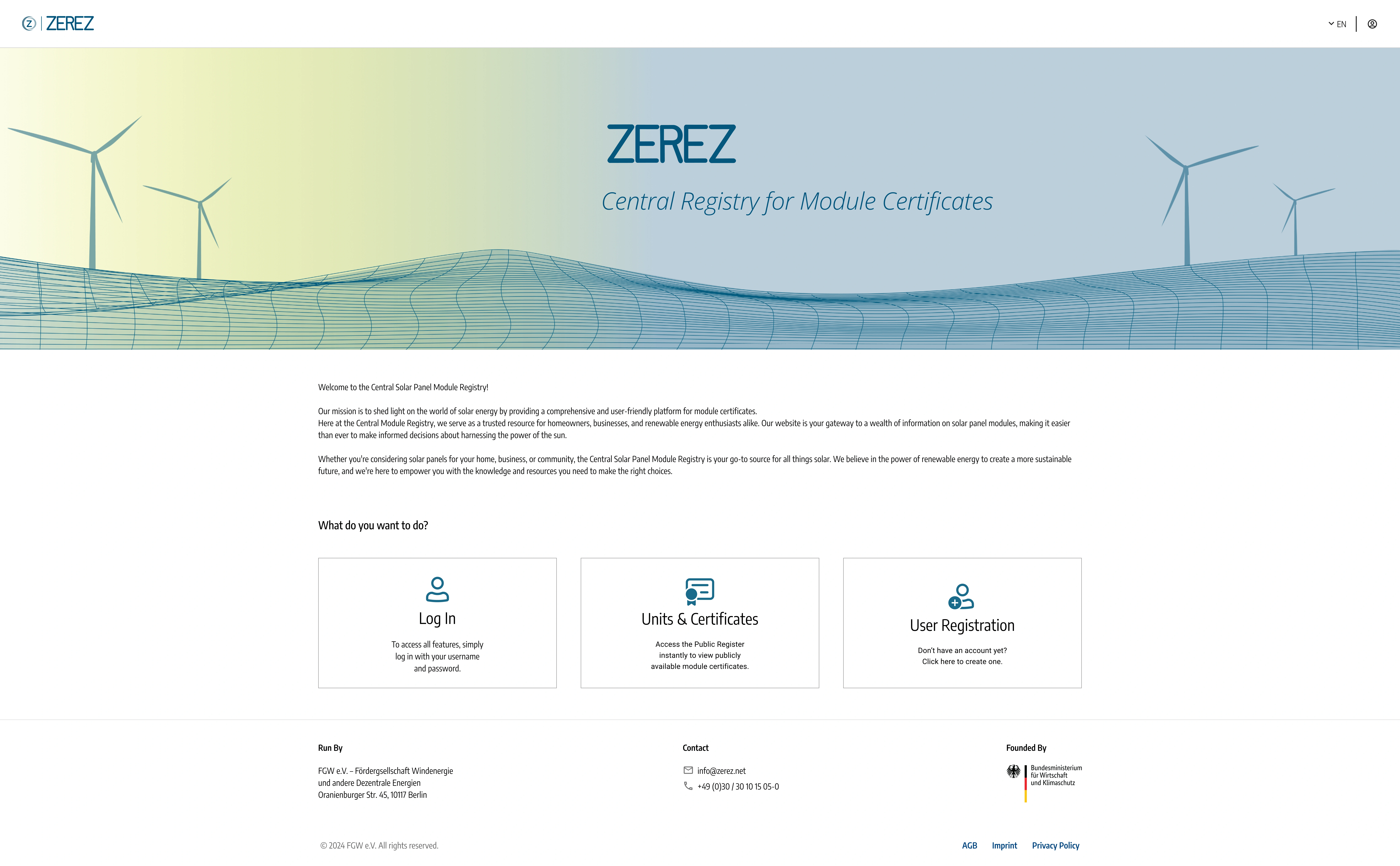 ZEREZ Landing Page Banner — Entwurf A: Mit Verlauf, Sonne und Himmel, Windenergie, Solarpanel abstrakt und technisch