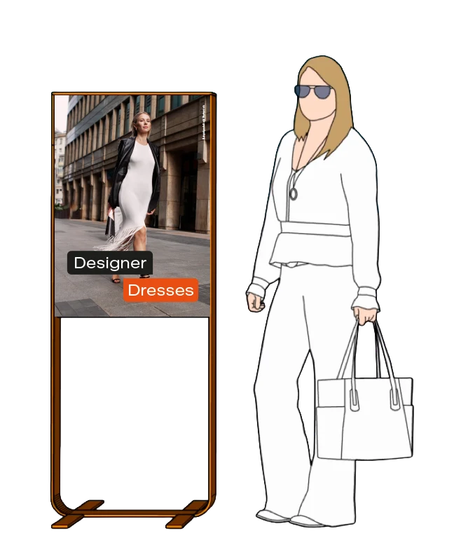 Illustration: Welcome Aufsteller mit Designer Dresses Pill und Frau mit Tasche