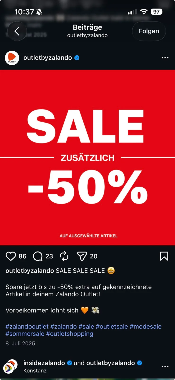 Instagram Beitrag mit Sale Kommunikation